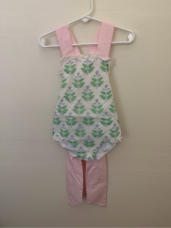 The Beaufort Bonnet Company Other - The Beaufort Bonnet Company Pink and Green Leaf Print Girls One-Piece